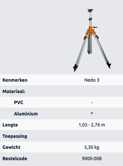 Fiche produit Nedo 3: trepied aluminium, 1,05-2,76 m, 5,30 kg, code 9000-008