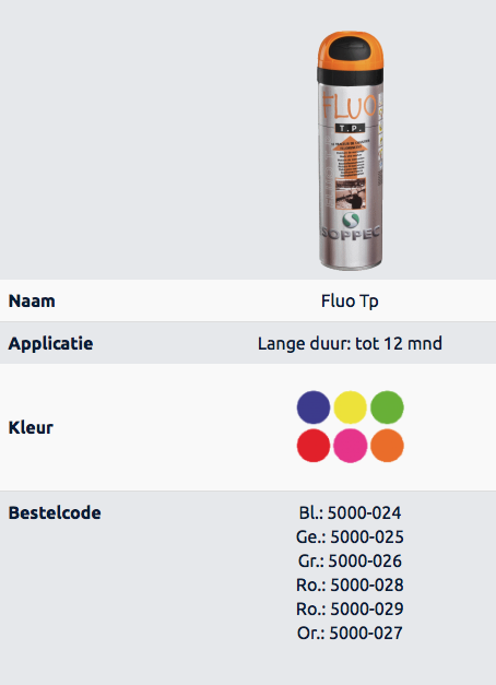Fiche produit bombe de marquage fluorescent Soppec Fluo TP avec options de couleurs, codes de commande et longue durée d'application jusqu'à 12 mois