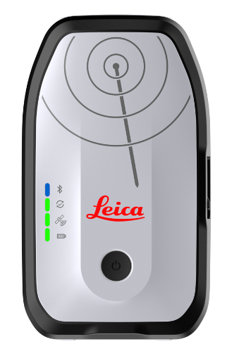 Antenne GNSS compacte Leica Zeno FLX100 Plus Tilt en boitier blanc et noir avec voyants et logo Leica
