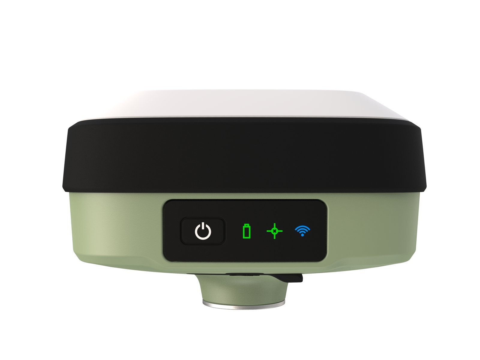 Antenne intelligente GNSS Leica GS05, vue de face avec bouton marche/arrêt et voyants d'état, sur fond blanc