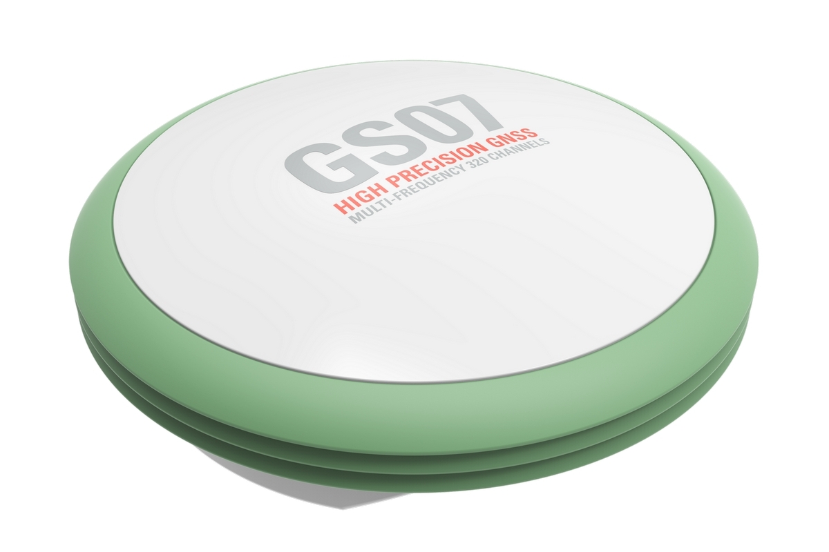 Antenne intelligente GNSS Leica GS07 vue de dessus, avec dôme blanc et bord vert