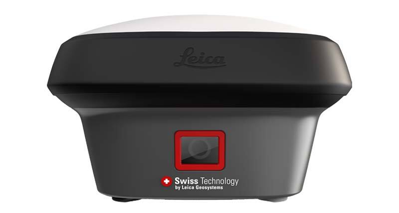 Mobile GNSS RTK Leica GS18 I, vue de face avec la caméra rouge, sur fond blanc