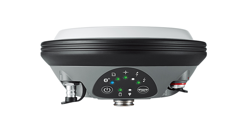 Antenne intelligente GNSS Leica Viva GS16 vue de côté avec panneau de commande et LED d'état
