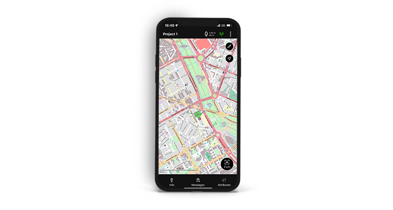 Application Leica Zeno Mobile One sur smartphone avec vue OpenStreetMap et localisation du point de mesure