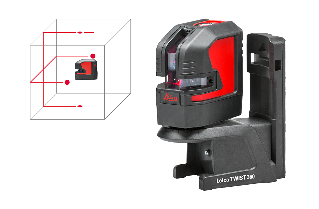 Laser a points Leica Lino L2P5 sur adaptateur Twist 360 avec diagramme 3D des points et lignes laser rouges
