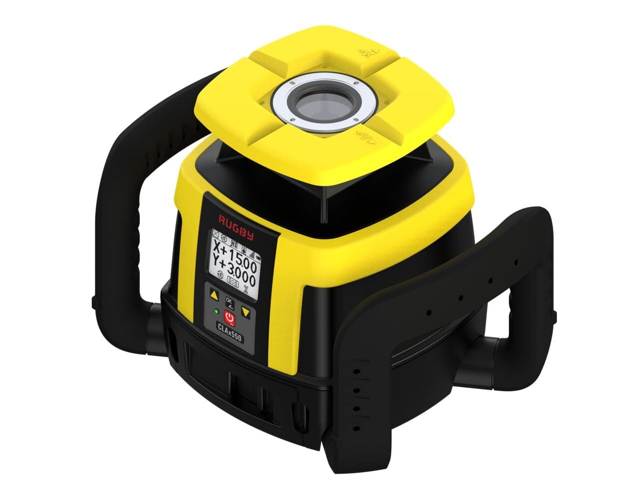 Laser rotatif Leica Rugby CLAx550 vue trois-quarts avec ecran et tete laser rotative