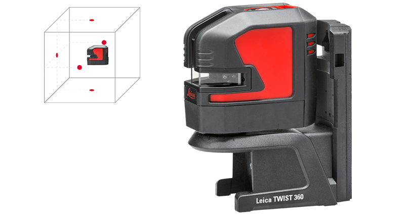 Rood-zwarte Leica Lino P5 5-puntslaser op de magnetische Leica TWIST 360-adapter, met schema van de vijf laserpunten
