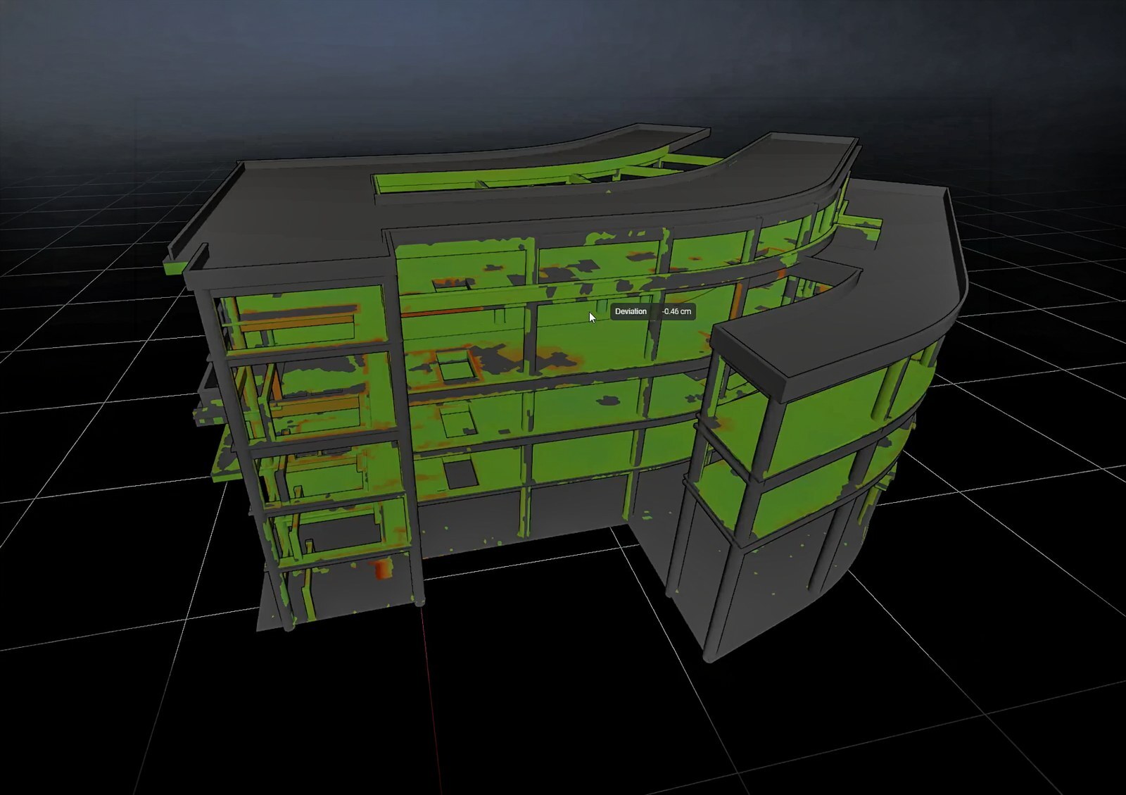 Analyse des écarts dans Hexagon GeoCloud : modèle 3D d'un bâtiment avec écarts scan/projet codés par couleur
