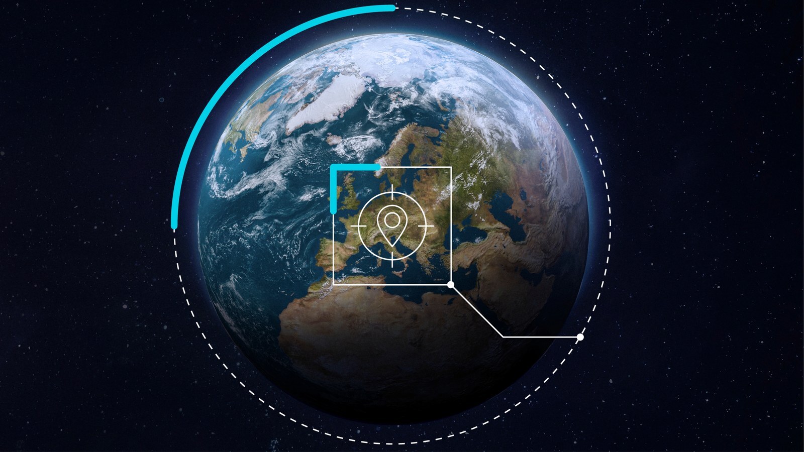 Globe terrestre centré sur l'Europe avec un repère de position, visuel du service de corrections GNSS Hexagon SmartNet