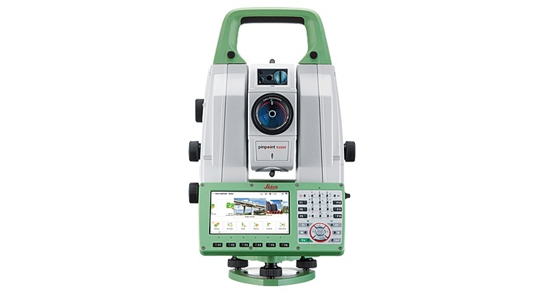 Station totale Leica Nova TS60, vue de face avec poignée verte et écran tactile